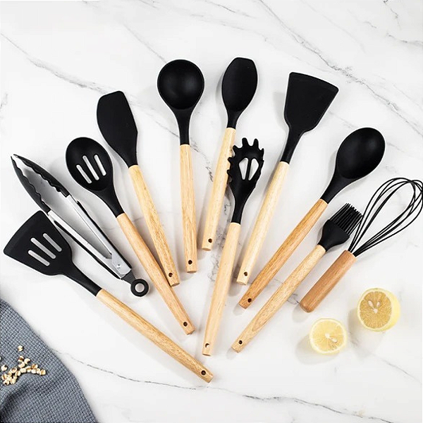Kit Utensílios de Silicone para Cozinha 11 Peças Cabo Madeira
