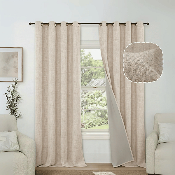 Cortina Blackout Linho Vedação 100% 300x220cm-Palha - Indicado Varão até 2m- Lavável em Máquina - Ilhos de Alta Pressão Não Solta