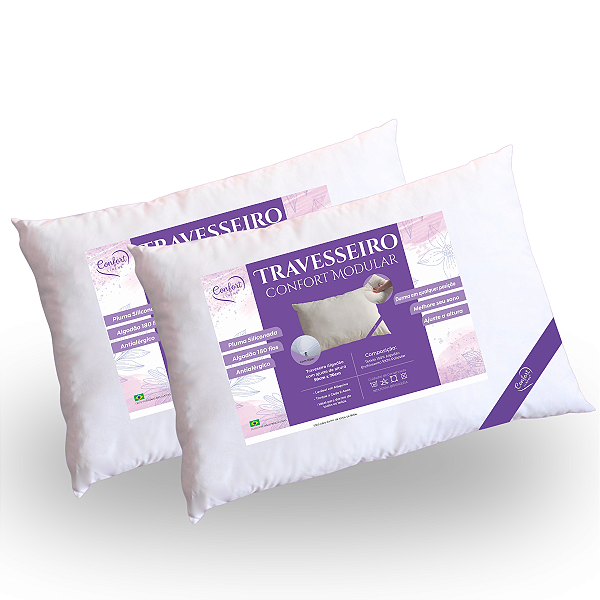 Kit 2 Travesseiros Confort Modular Long + 2 Capas 50x90cm Algodão 200 fios Branco Ajustável a Altura Lavável em Máquina
