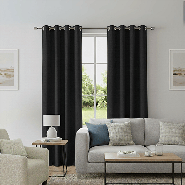 Cortina Linho Dupla Face Quarto Sala e Escritótio Preta Alto Padrão 300x220cm Ilhós Prata Lavável em Máquina