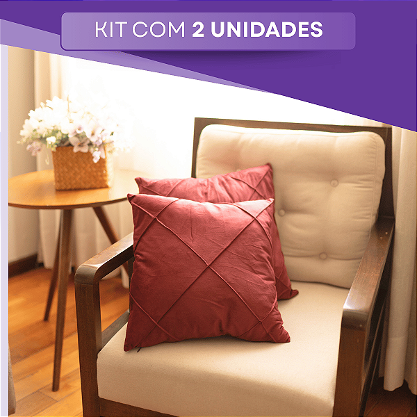 Capa Almofadas Vinho Sued Drapeada Aveludado Dupla Face 45x45cm Ziper Invisível Alto Padrão