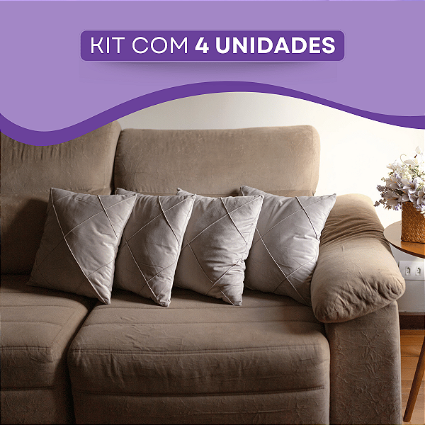Kit 4 Capas Almofadas Castor Sued Drapeada Aveludado Dupla Face 45x45cm Ziper Invisível Alto Padrão