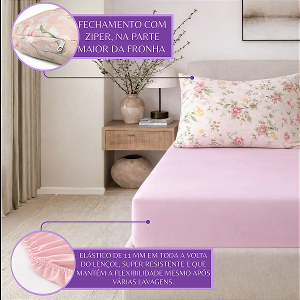 Jogo Lençol Solteirão 2 Peças 400 Fios Toque Algodão Com Fronha Veste Fácil com Ziper Parte Maior