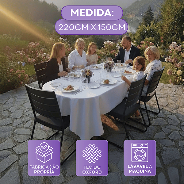 Toalha de Mesa 6 Lugares Retangular 220x150cm em Tecido Oxford com Barrinha Reta