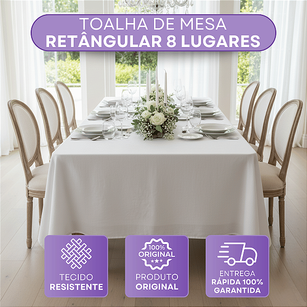 Toalha de Mesa 8 Lugares Retangular 270x150cm em Tecido Oxford com Barrinha Reta