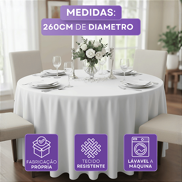Toalha de Mesa Redonda 8 Lugares 260cm Diâmetro em Tecido Oxford com Barrinha Reta