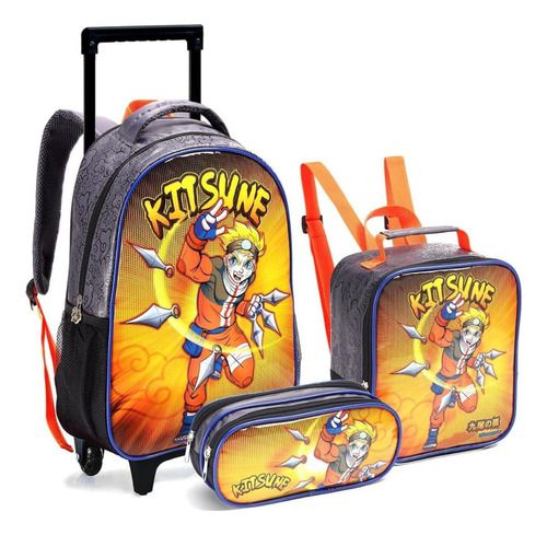 Kit Mochila Rodinha Infantil Masculino Naruto Kitsune Escola