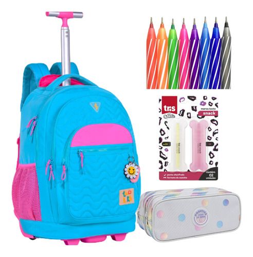 Mochila Luluca Rodinha + Estojo + Marca Texto + Canetas