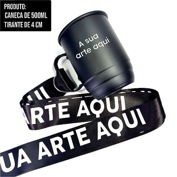 Caneca 500ml de Alumínio - Preto Fosco - Acompanha Tirante Personalizado
