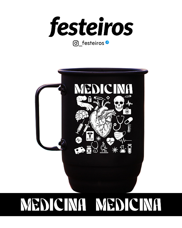 Caneca Medicina Alumínio Preto Fosco 500ml com Tirante Personalizado