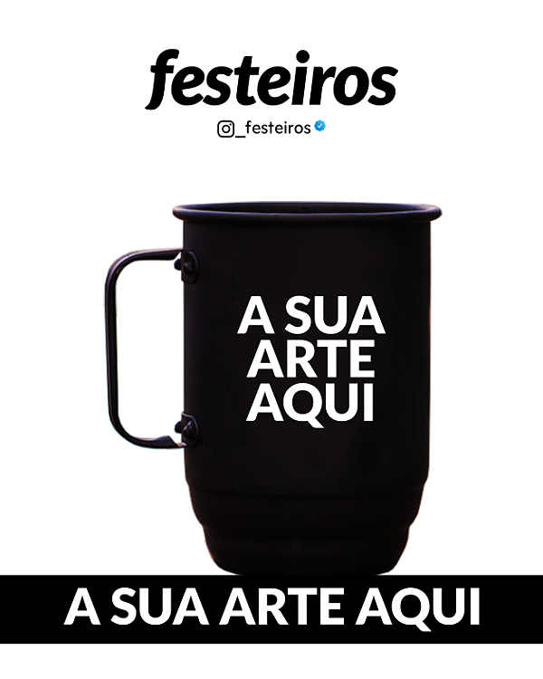 Caneca de Alumínio Preto Fosco 500ml com Tirante Personalizado – Sua Arte Aqui