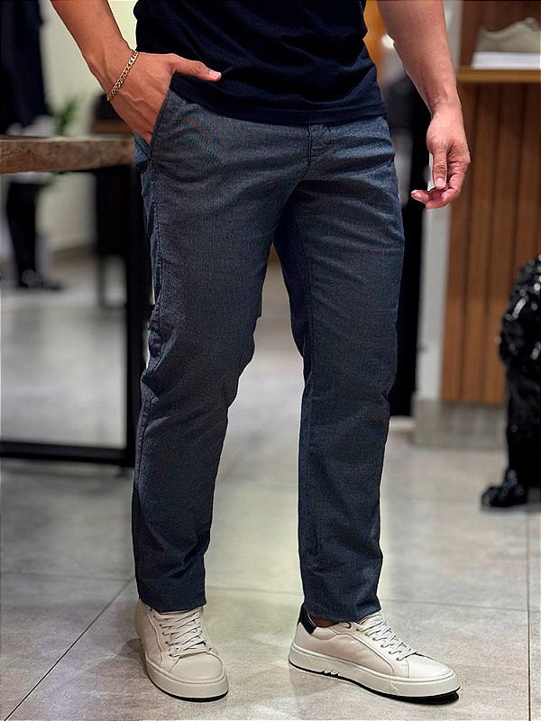 Calça Casual Ogochi Bolso Faca Micro Xadrez Slim Preta