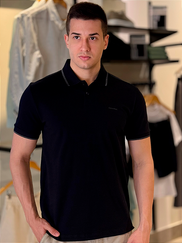 Camisa Polo Calvin Klein Regular Com Friso - Preta
