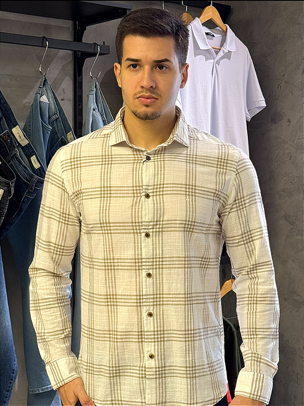 Camisa Aramis Flame Xadrez Slim ML Off White c/ Natural