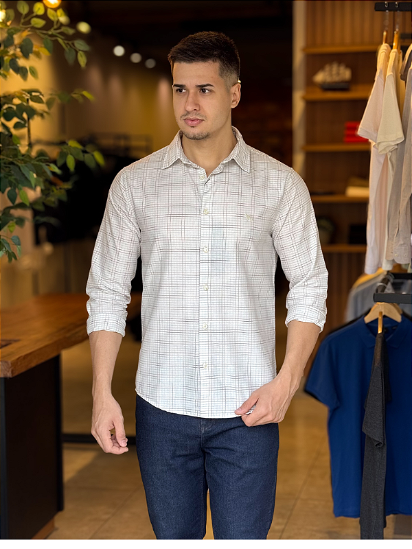Camisa Acostamento Casual ML Xadrez Off White C/ Azul e Rosa