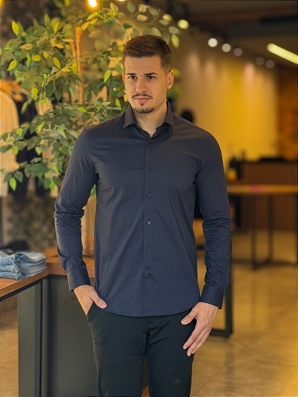 Camisa Aramis Regular Tricoline Liso Stretch Marinho