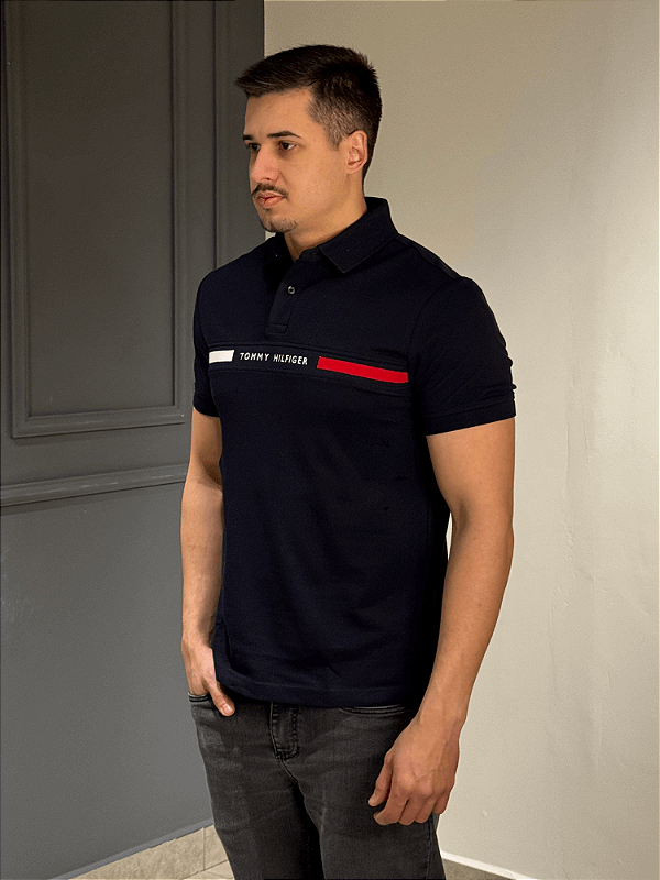 Polo Tommy Hilfiger Estampa Bordada Preta