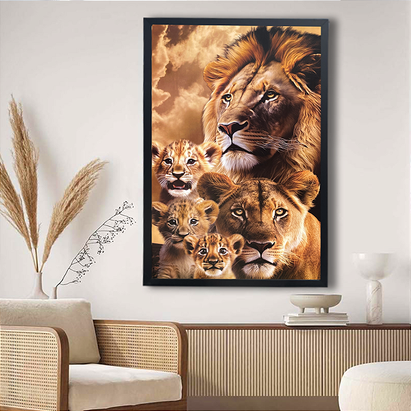 Quadro Decorativo 60x90cm Família Leão Leoa e 3 Filhotes