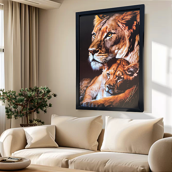 Quadro Decorativo Leoa e Filhote 60x90cm Mãe Protetora