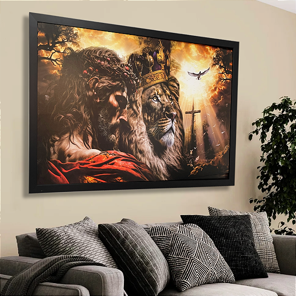 Quadro Leão de Judá e Jesus 60x90cm Com Moldura Decorativo