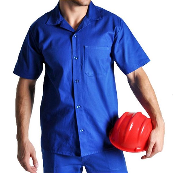 Camisa de brim Uniforme 100% algodão Manga Curta - AZUL