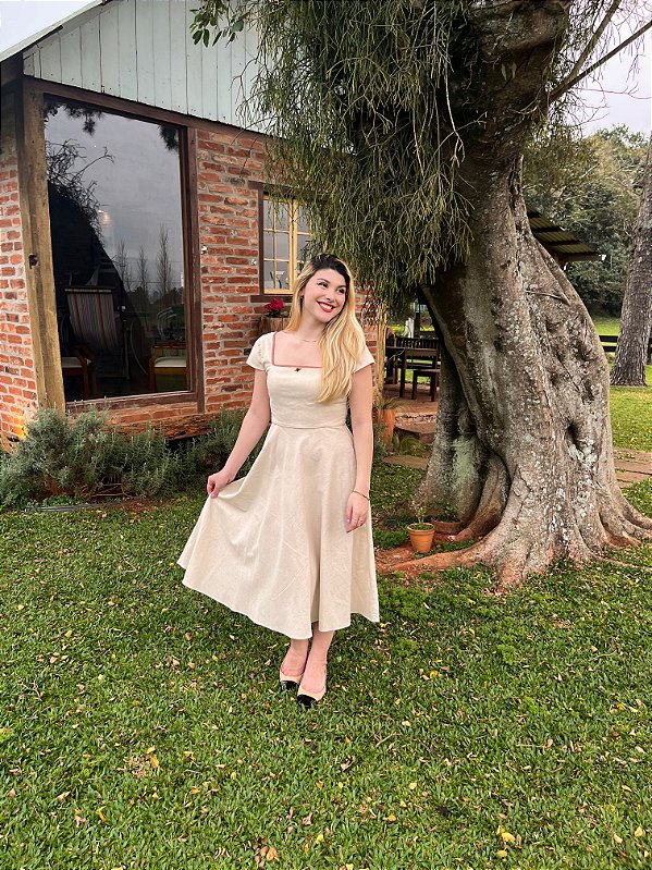 Vestido Celine Manga Curta Baunilha