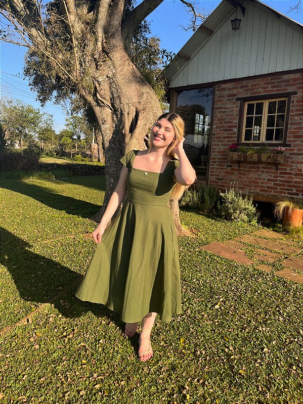 Vestido Celine Manga Curta Verde Musgo
