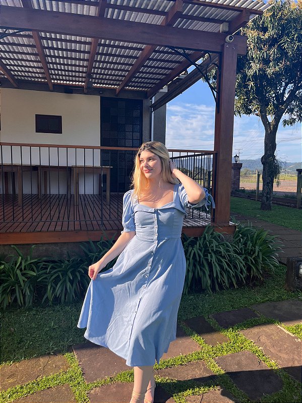 Vestido Lívia Manga Curta Azul Celeste