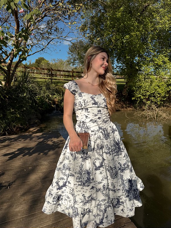 Vestido Mary Toile de Jouy Marinho