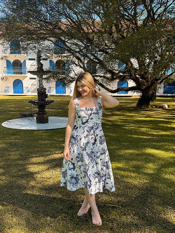 Vestido Celine Toile de Jouy Marinho