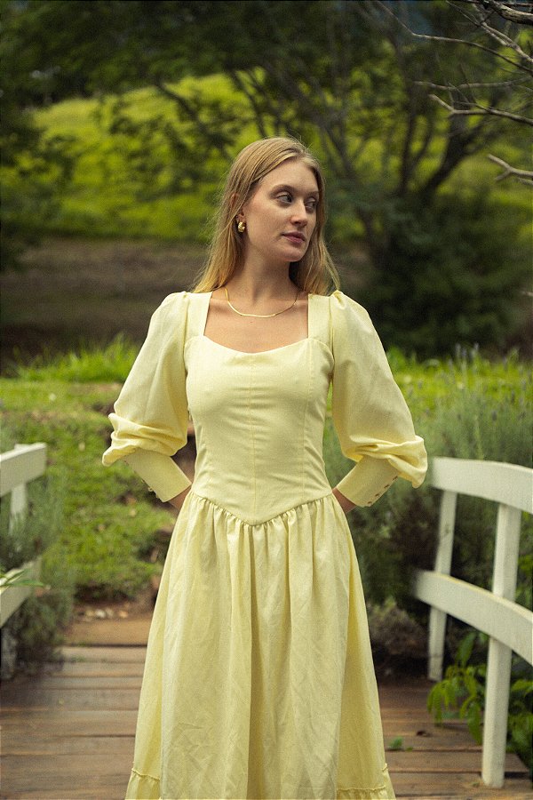 Vestido Mary Manga Longa Amarelo Manteiga