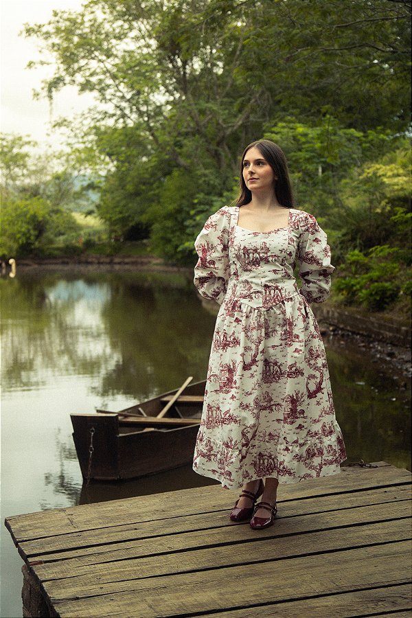 Vestido Mary Manga Longa Toile de Jouy Cherry