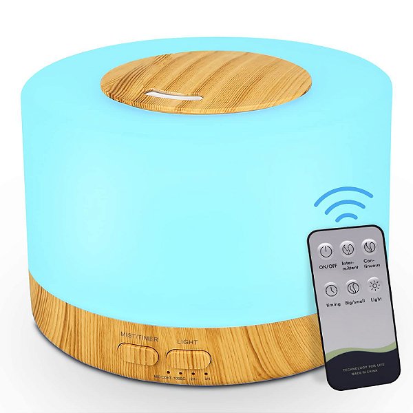 Difusor para Óleos Essenciais para Ambientes Grandes, 500 a 700 ml, ultrassônico, com controle remoto, 7 cores, 14 luze