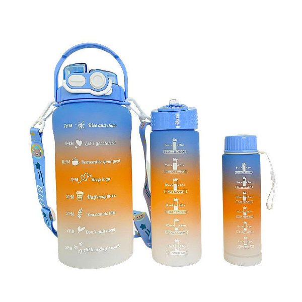 Kit com 3 Garrafas Squeeze coloridas com capacidade 2 L 700ml 260ml 3 Garrafas Motivacional de Água com Canudo e Adesivo
