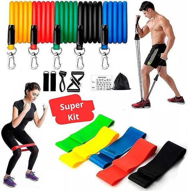 Kit 5 Mini Band + Kit 11 Elastico Extensor Treino Em Casa Exercícios Malhar Musculação Fisioterapia