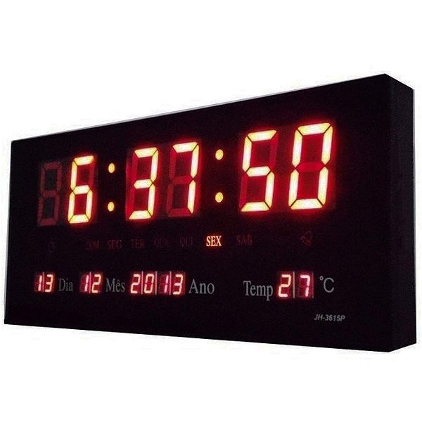 Relógio de Parede LED Vermelho DIGITAL Alto Brilho com Termômetro Data e Hora 3x15x36