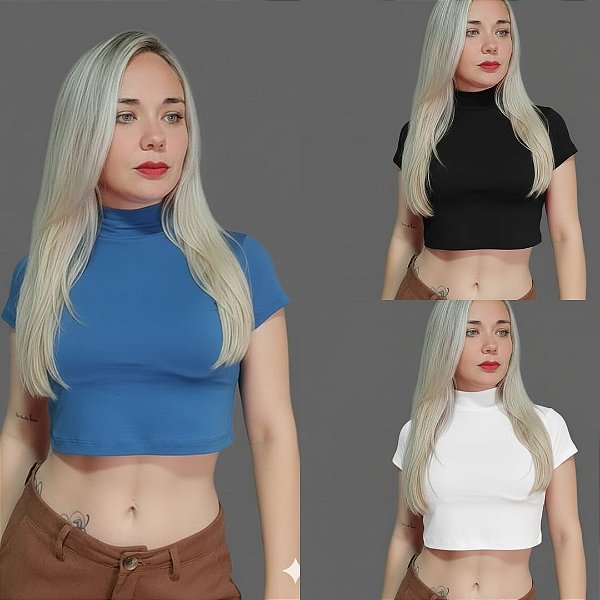 KIT 3 CROPPED MANGA CURTA