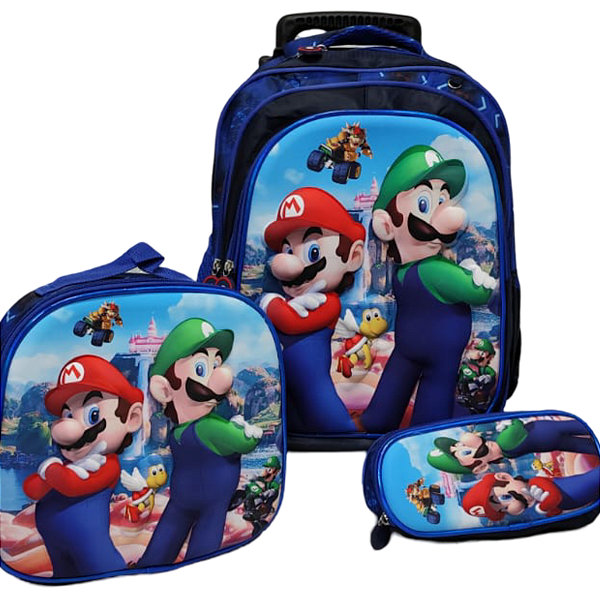 TRIO MOCHILA RODINHA SUPER MARIO