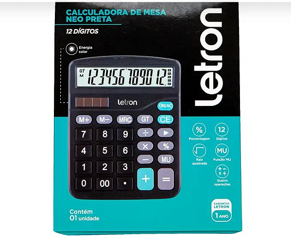 CALCULADORA DE MESA 12 DIGITOS PRETA NEO SOLAR LEO E LEO