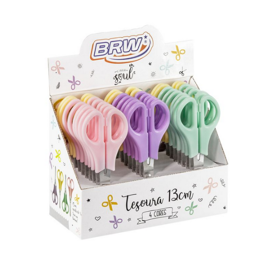 TESOURA ESCOLAR DE AÇO 13CM C/ RÉGUA PASTEL CX C/24 UN BRW