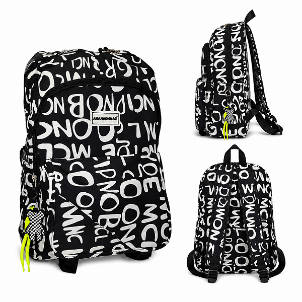 MOCHILA ESTAMPADA ESCRITA PRETA ADULTO