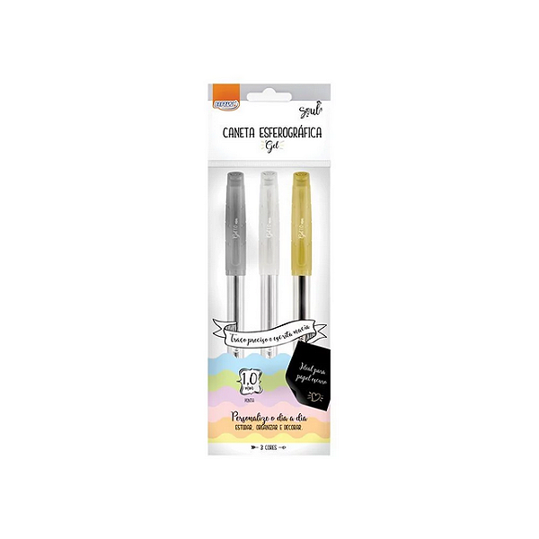 CANETA ESFEROGRÁFICA GEL 1.0MM - BRANCA, PRATA E DOURADA - BLISTER C/ 3UN BRW