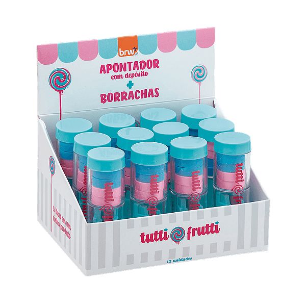 APONTADOR PLÁSTICO C/ DEPÓSITO E BORRACHA - TUTTI-FRUTTI  CX C/12UNI  BRW