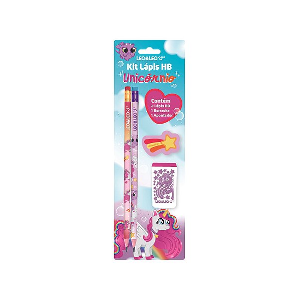 KIT LAPIS HB UNICORNIO - 2 LAPIS/APONTADOR/BORRACHA LEO E LEO