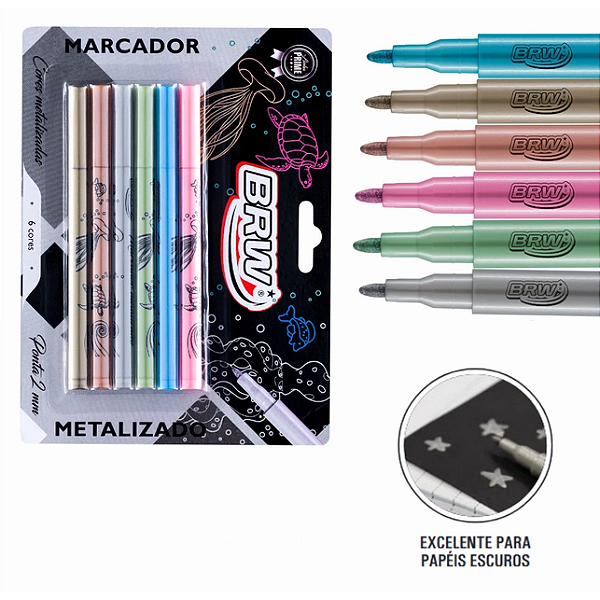 MARCADOR PONTA FINA METALIZADO - BLISTER C/ 6UN BRW
