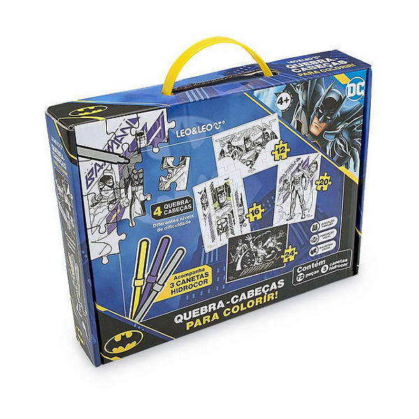 QUEBRA-CABECA 4 EM 1 PARA COLORIR BATMAN - KIT C/ 72 PECAS E 3 HIDROCOR LEO E LEO