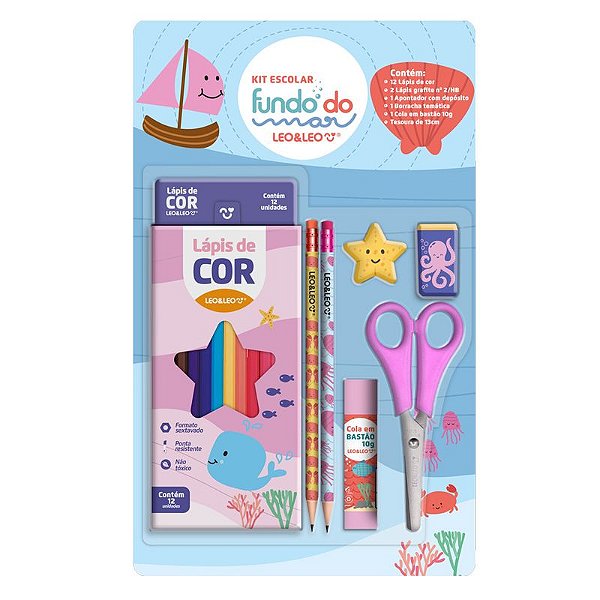 KIT LAPIS DE COR 12 CORES FUNDO DO MAR  LEO E LEO