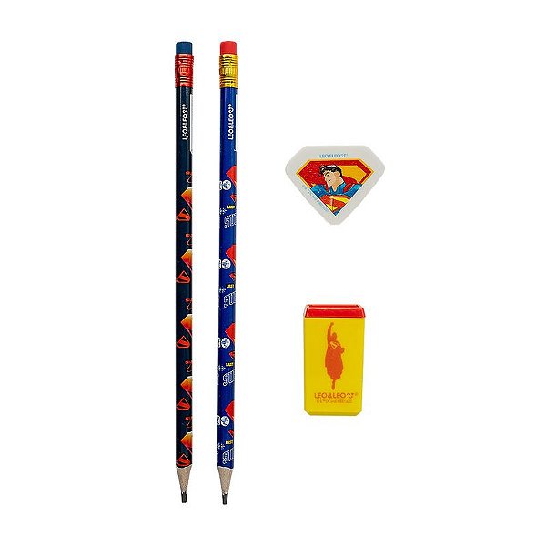 KIT LAPIS HB SUPERMAN 2 LAPIS/APONTADOR/BORRACHA  LEO E LEO