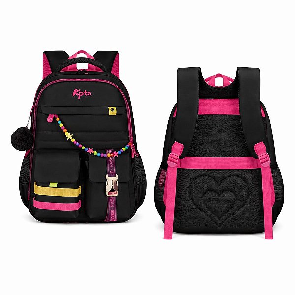 MOCHILA KPTO PRETA E PINK COM CORRENTINHA