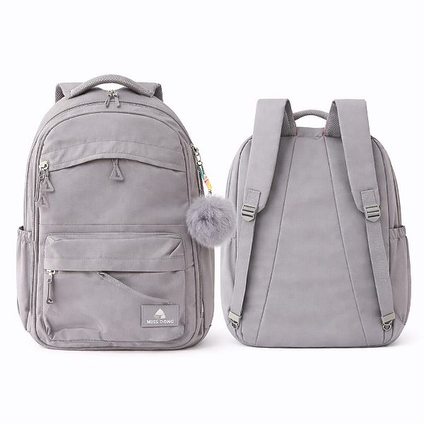 MOCHILA MISS DONG CINZA COM POMPOM